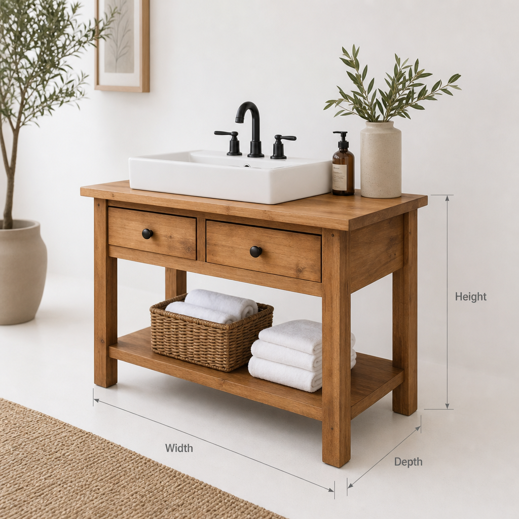 Rustic Solid Wood Bathroom Vanity with Storage Shelf & Drawers
