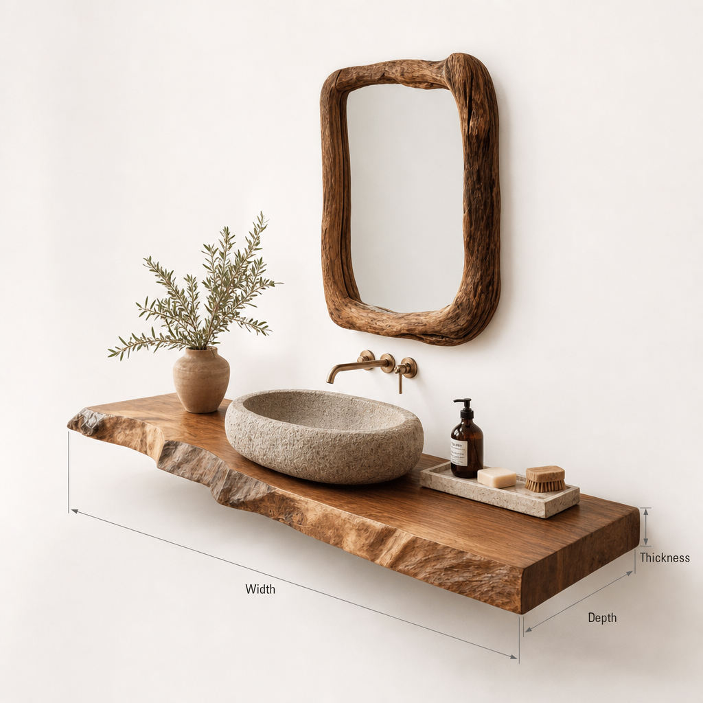 Rustic Solid Wood Live Edge Bathroom Vanity Countertop – Floating Washstand Shelf