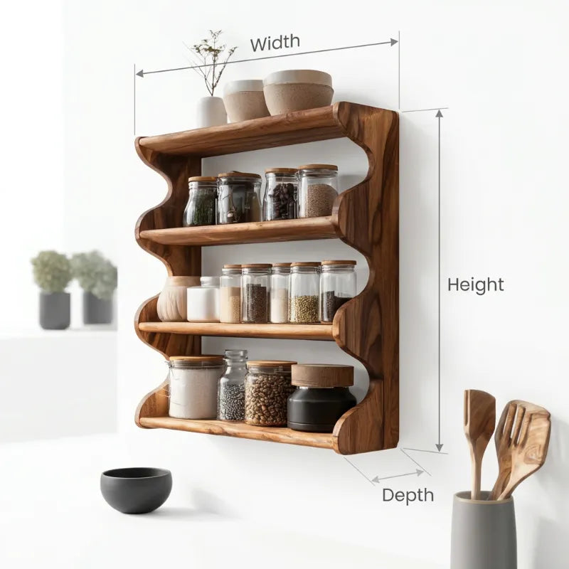 Rustic Solid Wood Scalloped Spice Rack - Handcarved Wavy Edge Kitchen Wall Shelf for Jars & Pantry Storage