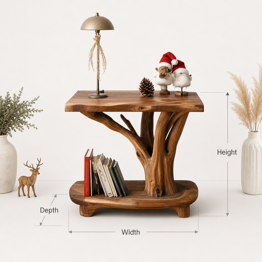 Rustic Solid Wood Side Table with Tree Branch Design – Handmade Natural End with Shelf Storage