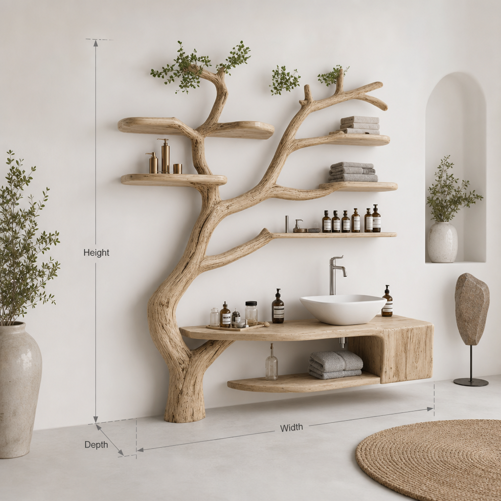 Rustic Solid Wood Vanity – Handmade Bathroom Sink with Floating Tree Branch Shelves, Artistic Home Decor Gift