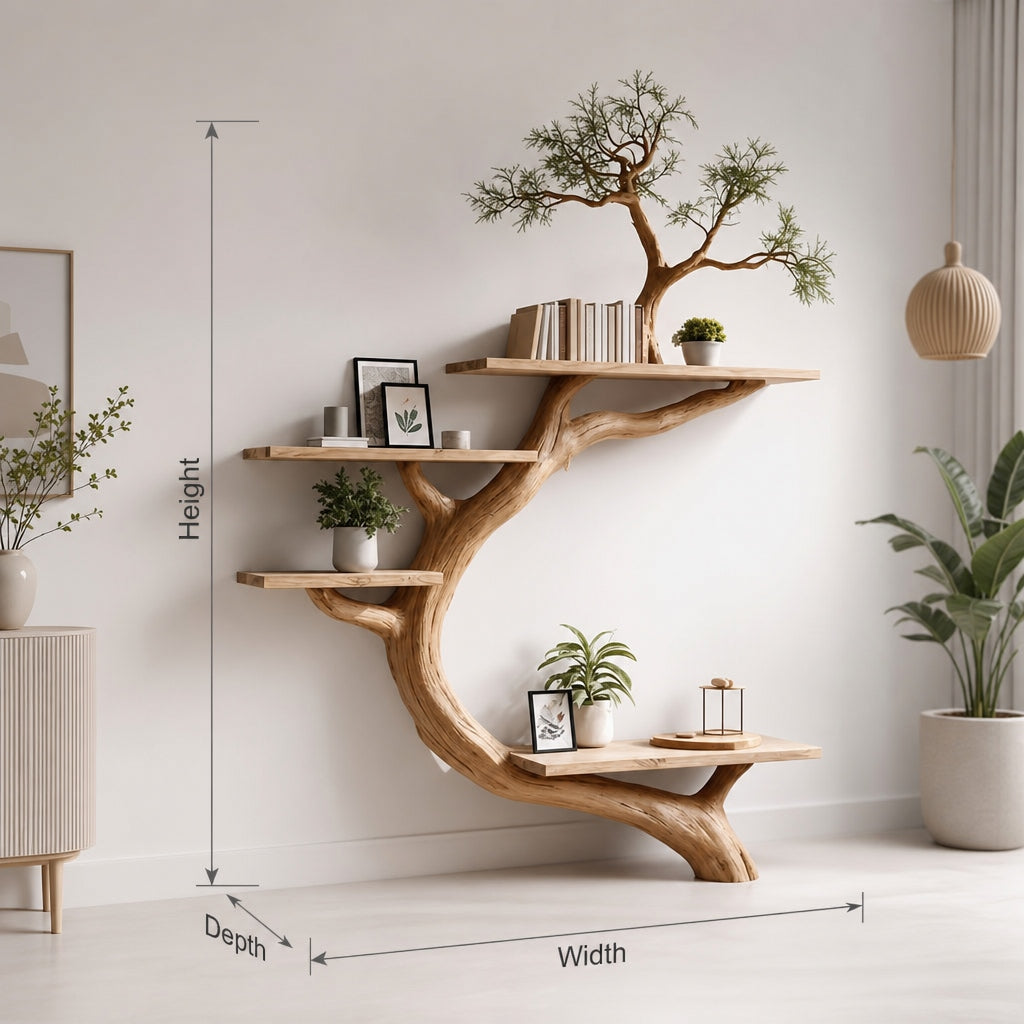 Rustic Tree Bookcase Floating Shelf Decoration Living Room