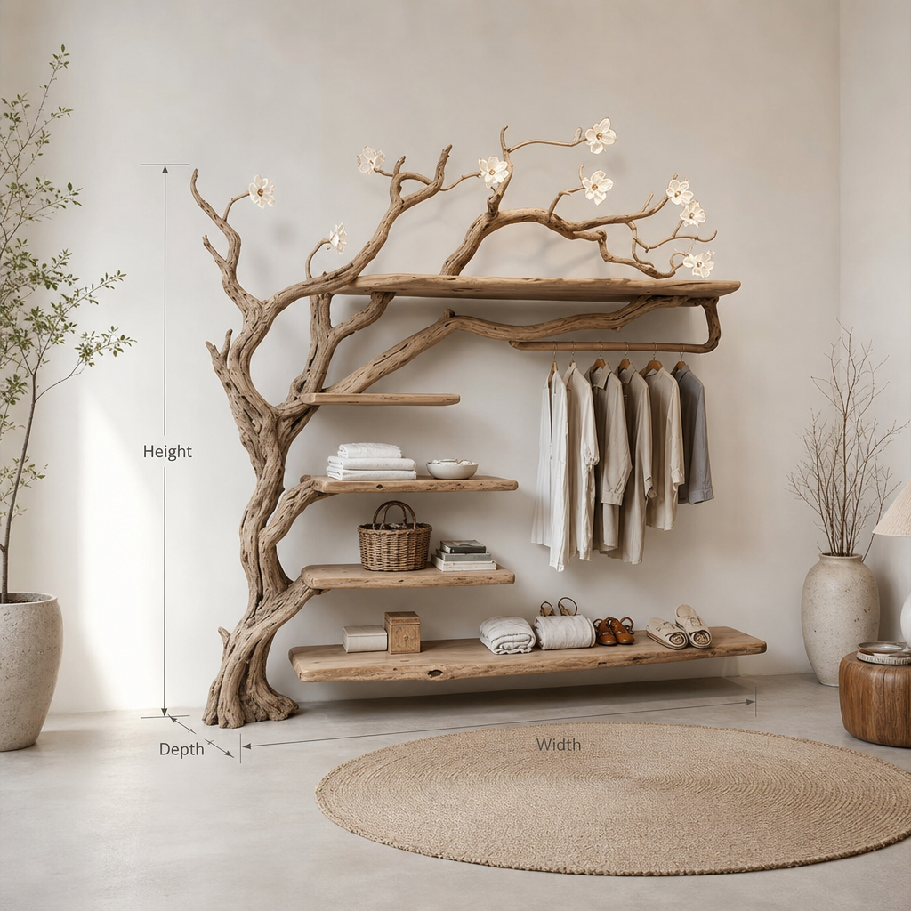 Rustic tree branch corner coat rack standing hanger with open shelves