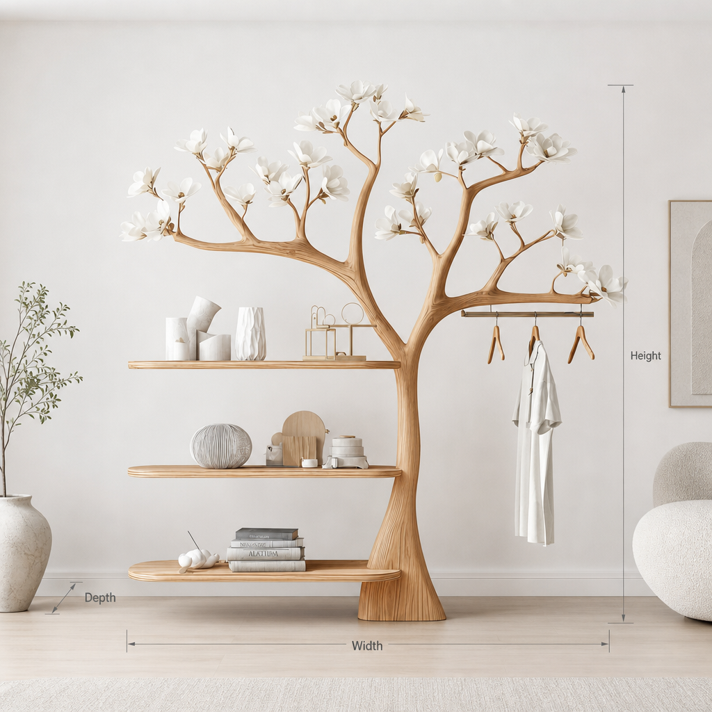 Coat rack freestanding tree shelf organizer solid wood style