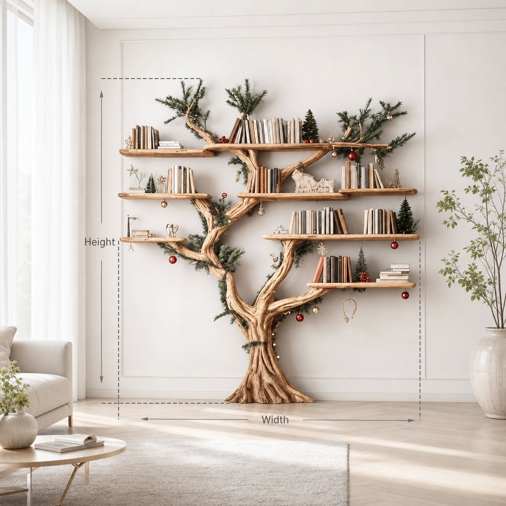 Rustic Tree Shaped Wooden Bookshelf with Branch Design for Living Room or Home Library