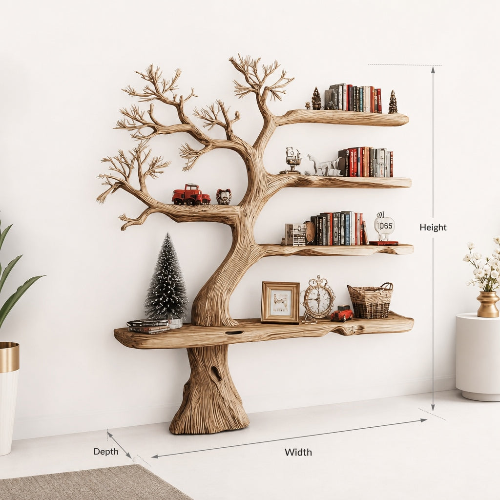 Wood tree bookshelf filled with books in a rustic home library
