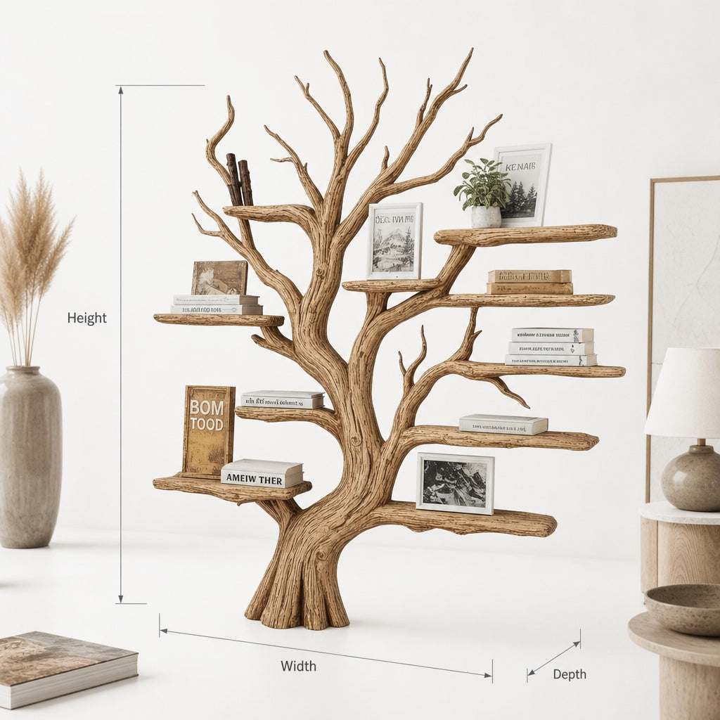 Rustic Tree Shaped Wooden Bookshelf with Branch Design for Living Room or Home Library
