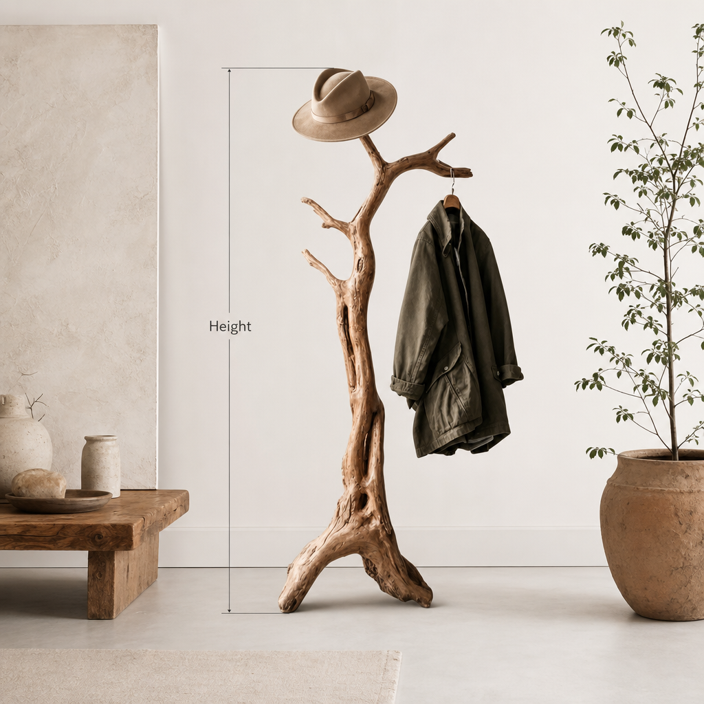Rustic wooden standing coat rack for an organized mudroom