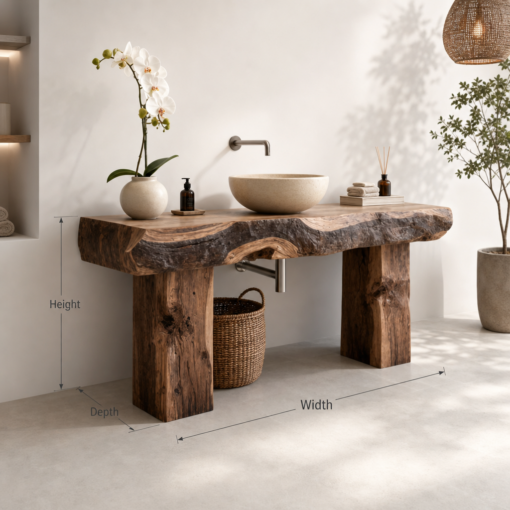 Rustic Wooden Bathroom Vanity – Custom Handmade Farmhouse Shelf with Live Edge Wood Cabinet