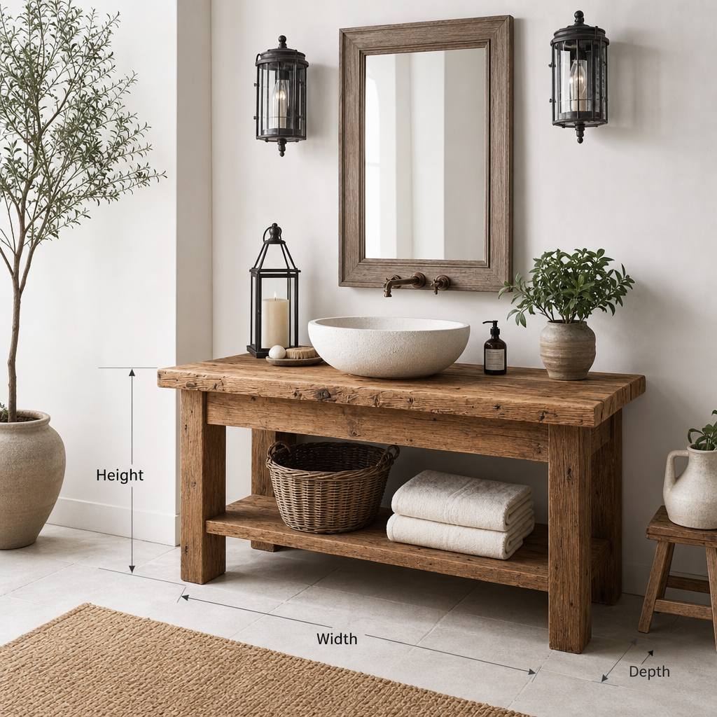 Rustic Wooden Bathroom Vanity – Handmade Farmhouse Sink Table with Live Edge Shelf
