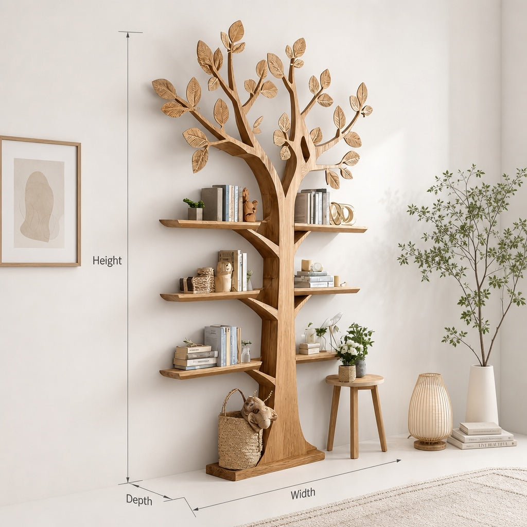 Rustic Wooden Tree Bookshelf: Wall-Mounted Bookcase, Natural Wood Furniture