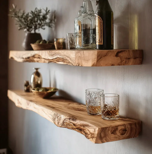 Handmade Live Edge Wood Shelf – Floating Wall Shelf for Whiskey Bar, Kitchen, or Entryway