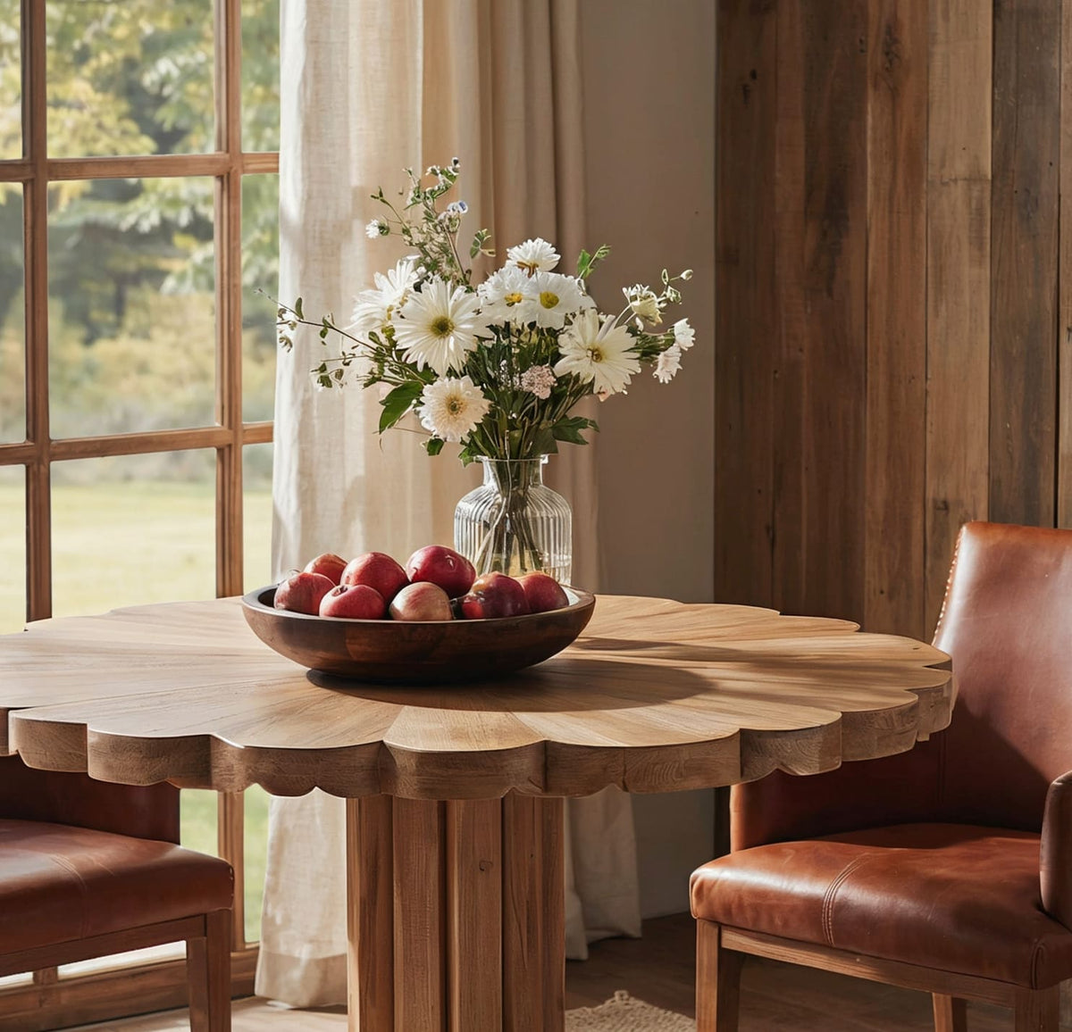 Handcrafted solid wood round dining table showcasing elegant scalloped edge detailing