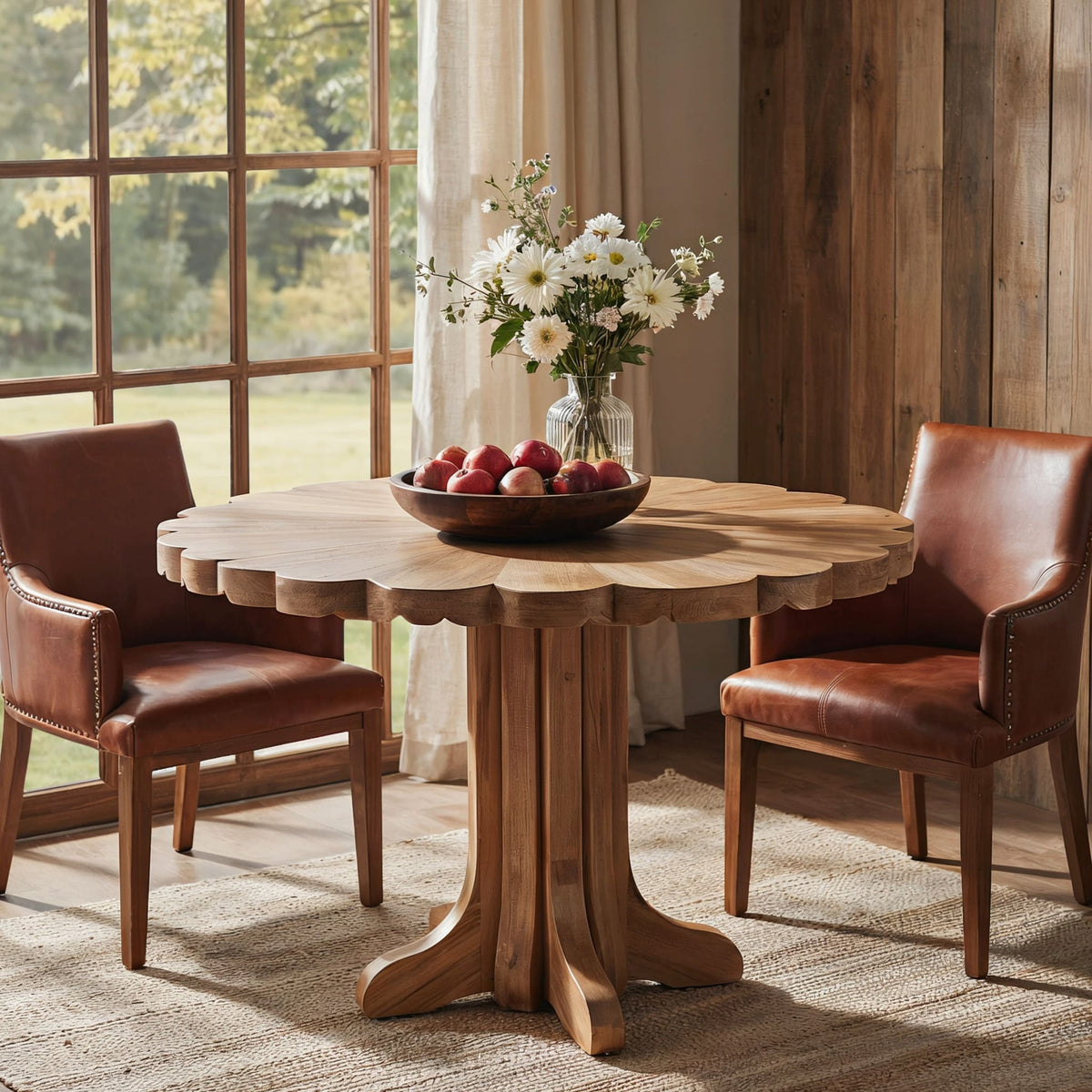 Scalloped edge organic solid wood round dining table handcrafted from premium hardwood