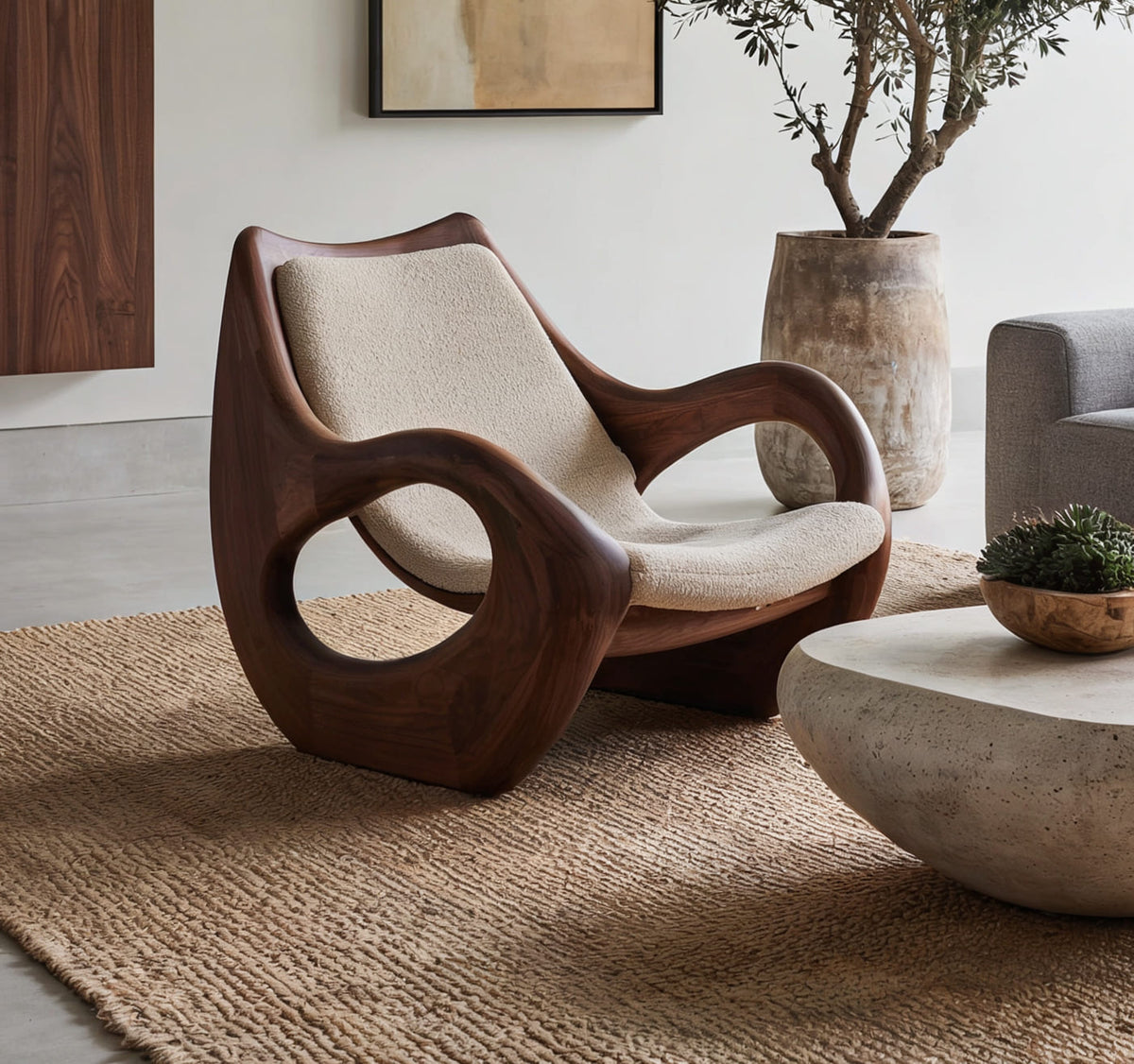 Minimalist wood accent chair in a bright contemporary lounge