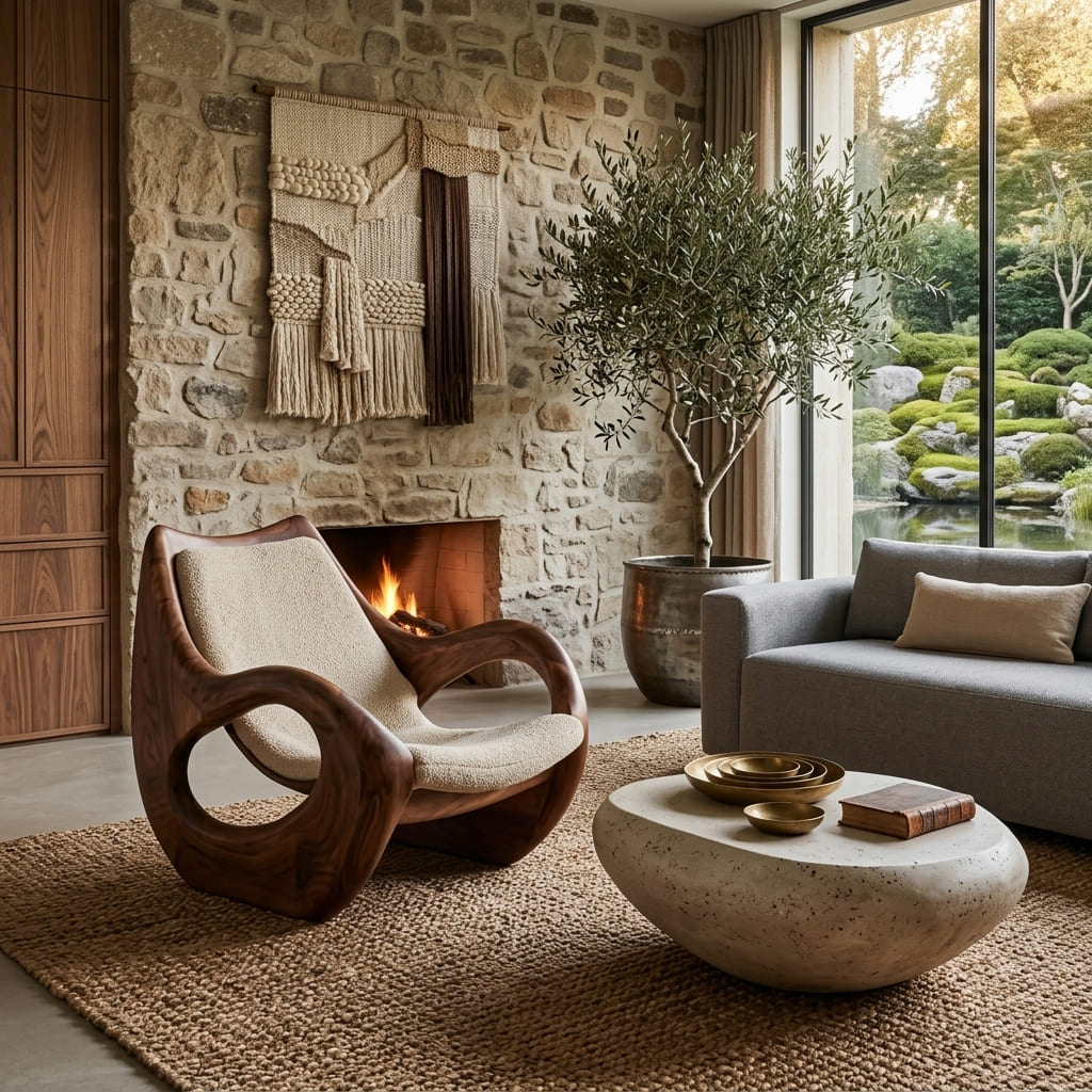 Scandinavian lounge chair with curved form in an elegant living space
