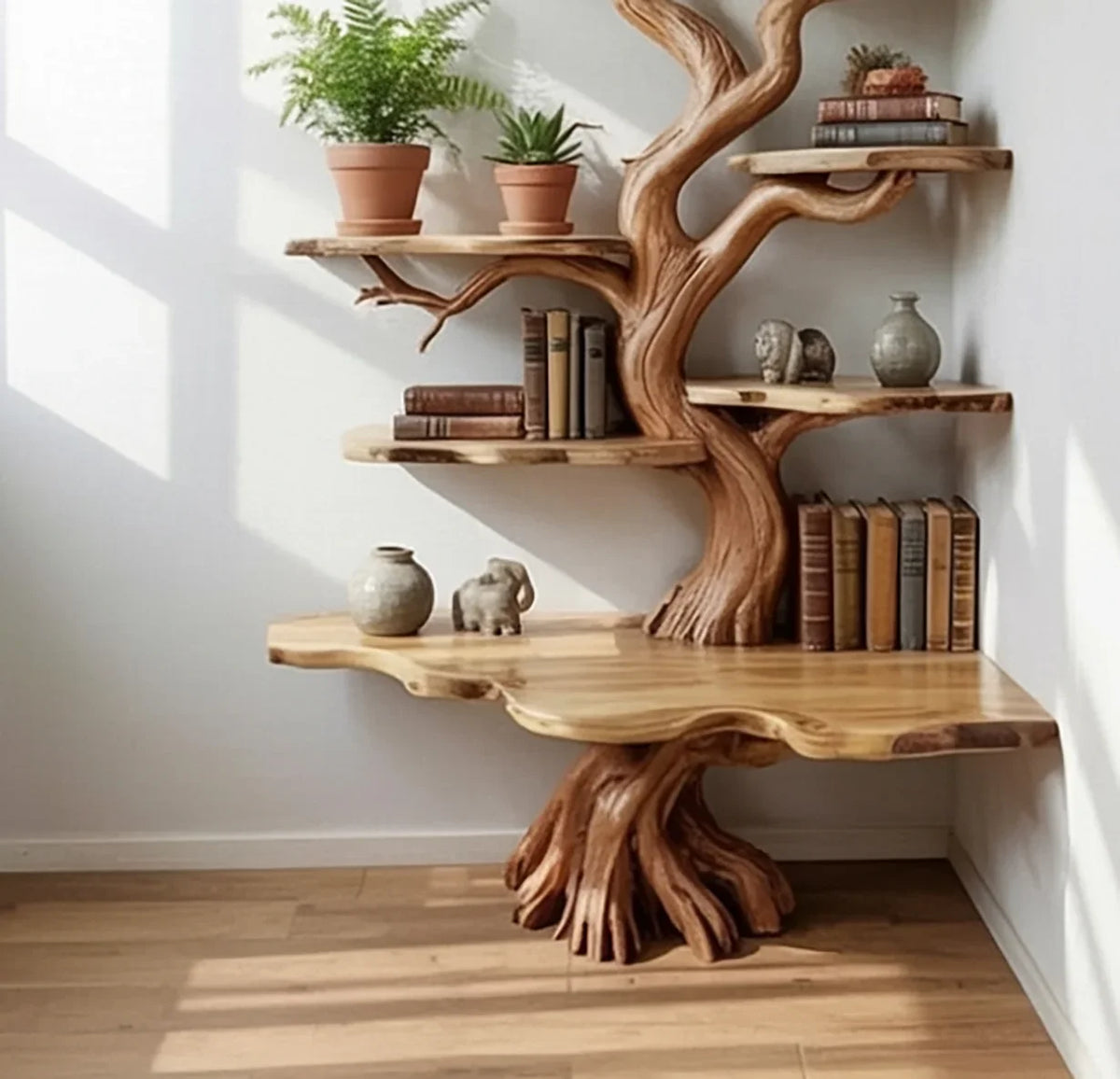 Solid wood tree bookshelf with live edge shelves, books, potted plants, and ceramic decor. Scratch repair on solid wood corner tree bookshelf showing before and after restoration
