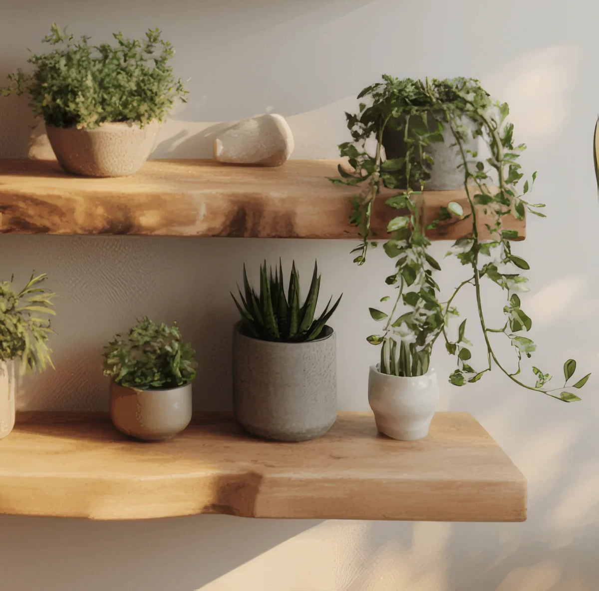 Live edge wooden floating shelves with potted plants against a neutral wall