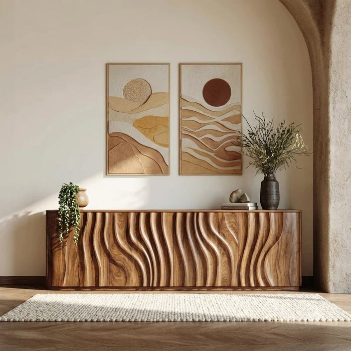 Sculpted 3D wave credenza fluted solid wood storage sideboard buffet
