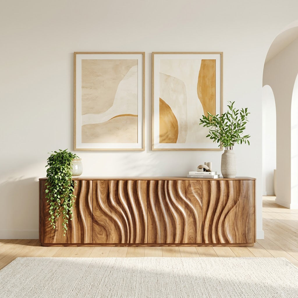 Fluted wooden storage sideboard displayed in an elegant modern living room