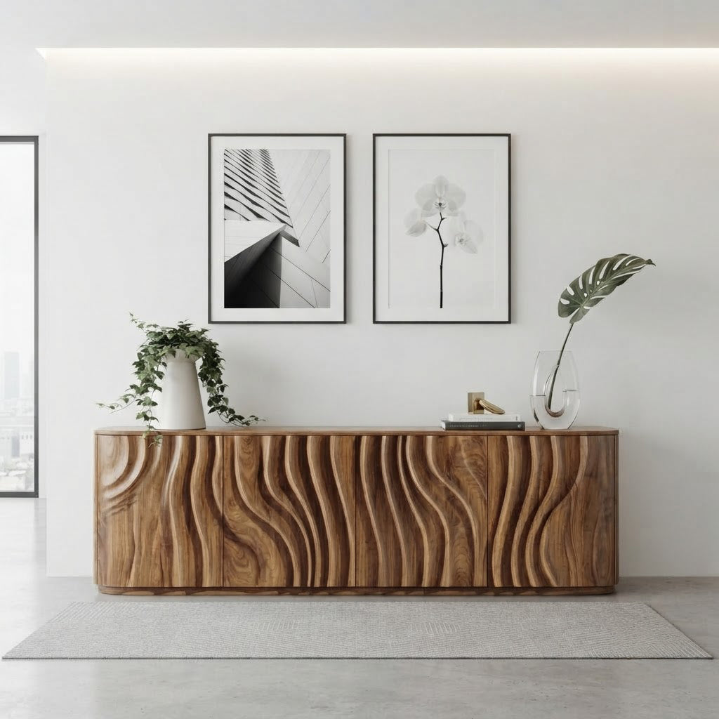 Contemporary wooden buffet with flowing wave textures in a sophisticated home