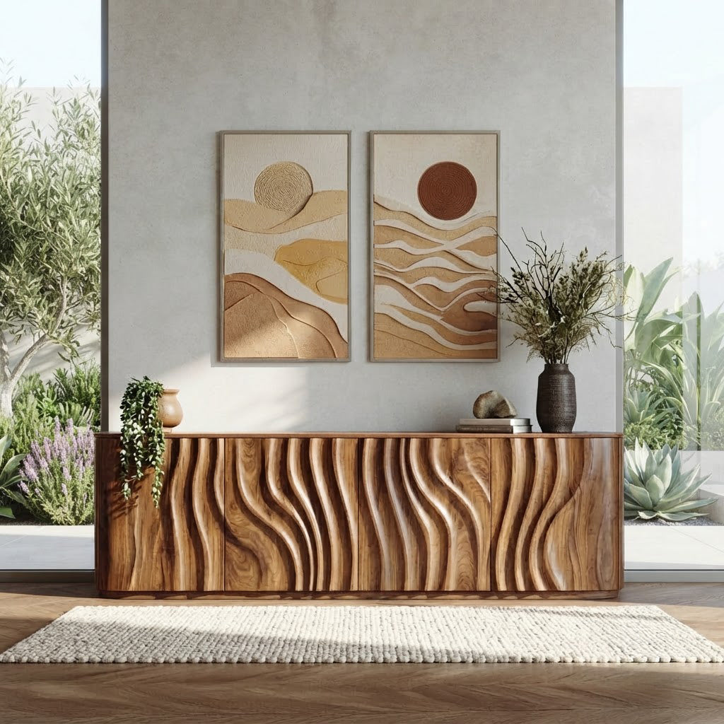 Solid wood buffet cabinet featuring dimensional wave patterns and sculptural detailing