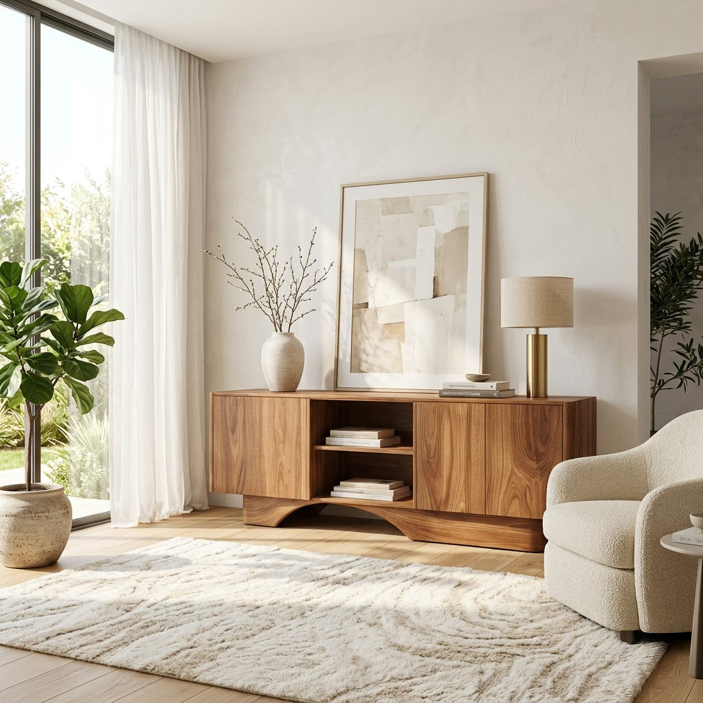 Modern wooden buffet credenza with open display shelves in a living room