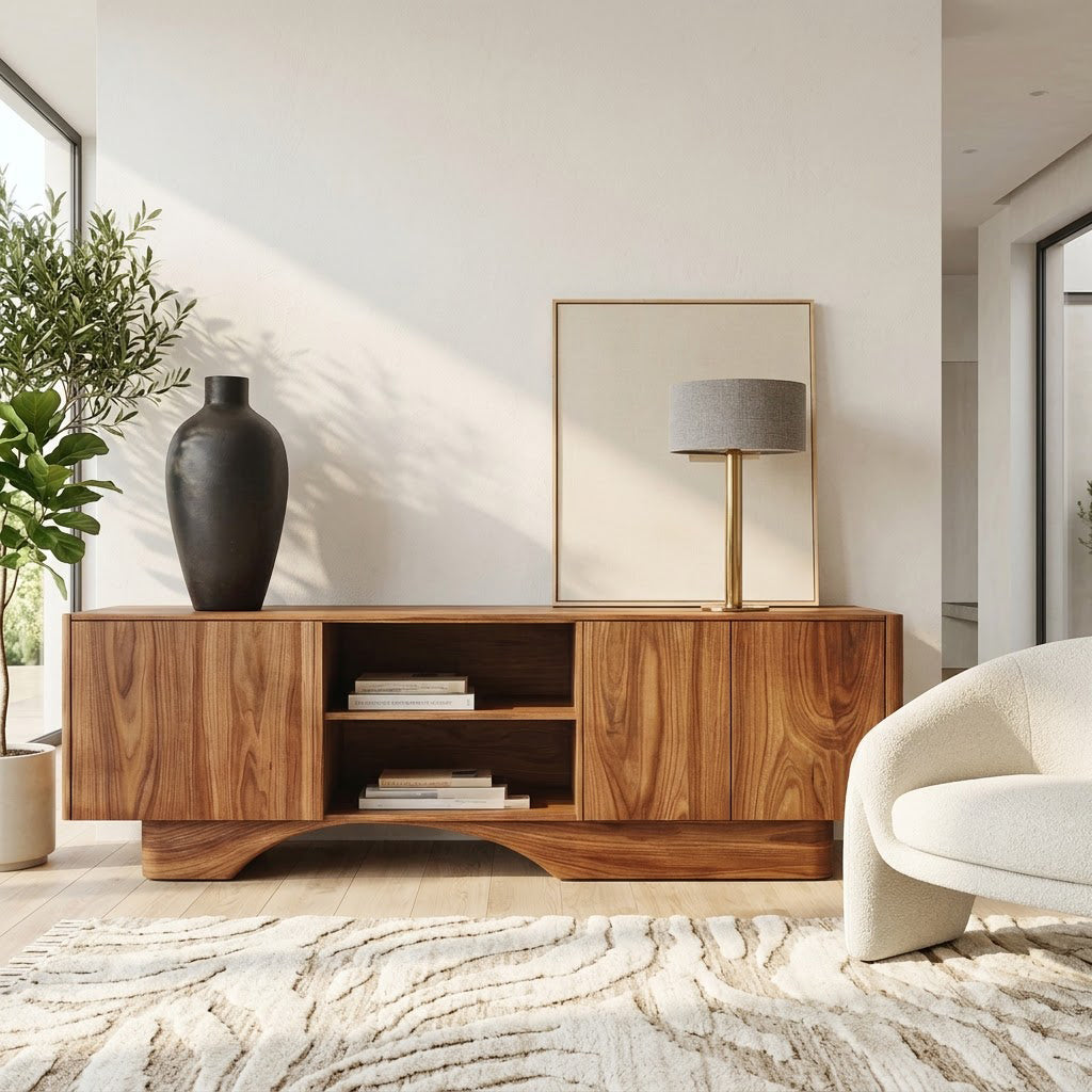 Solid wood storage sideboard featuring architectural arches and display compartments