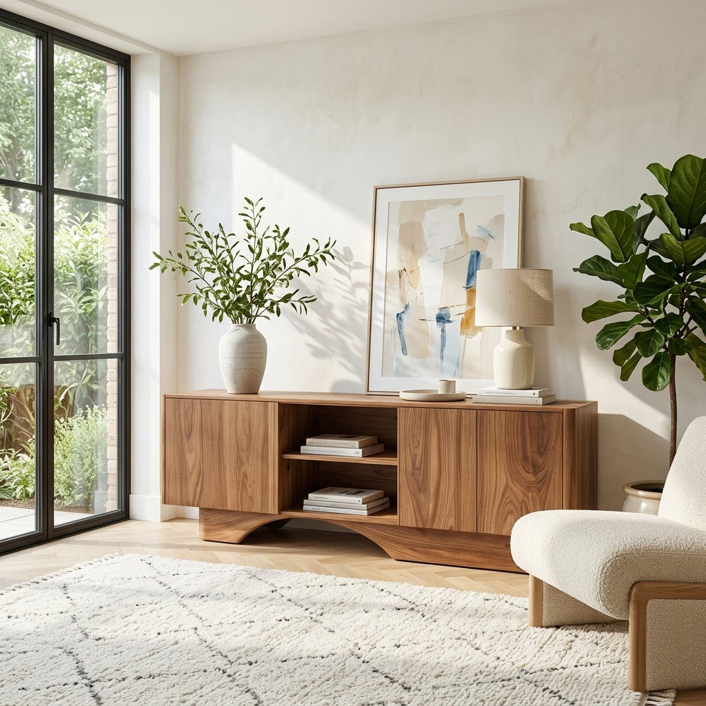 Sculptural wooden buffet cabinet showcased in a minimalist home interior