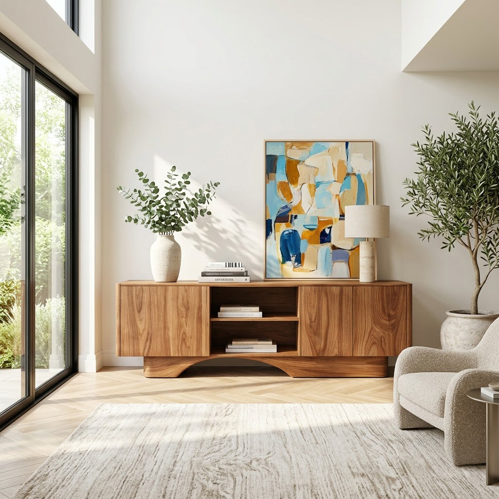 Contemporary solid wood sideboard with open shelving in an elegant living room