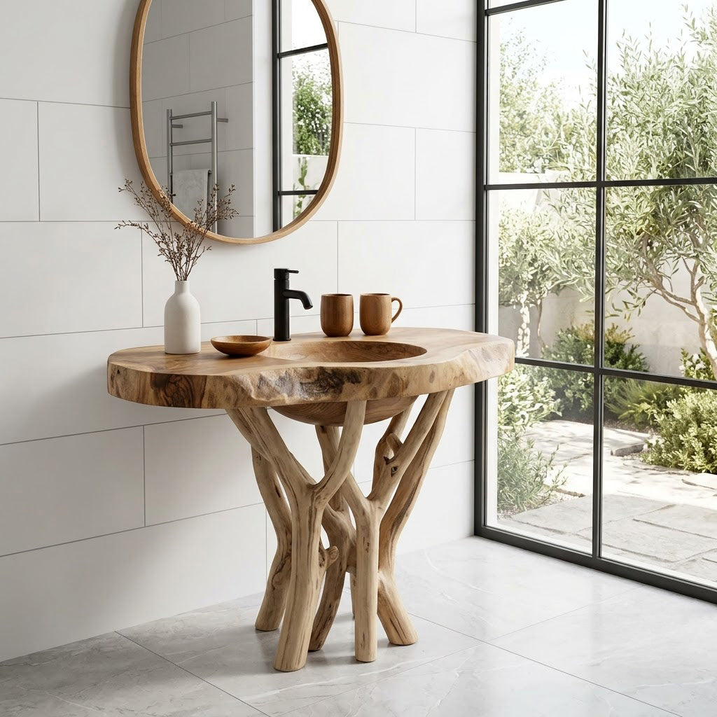 Sculpted branch pedestal solid wood bathroom vanity in a contemporary bathroom
