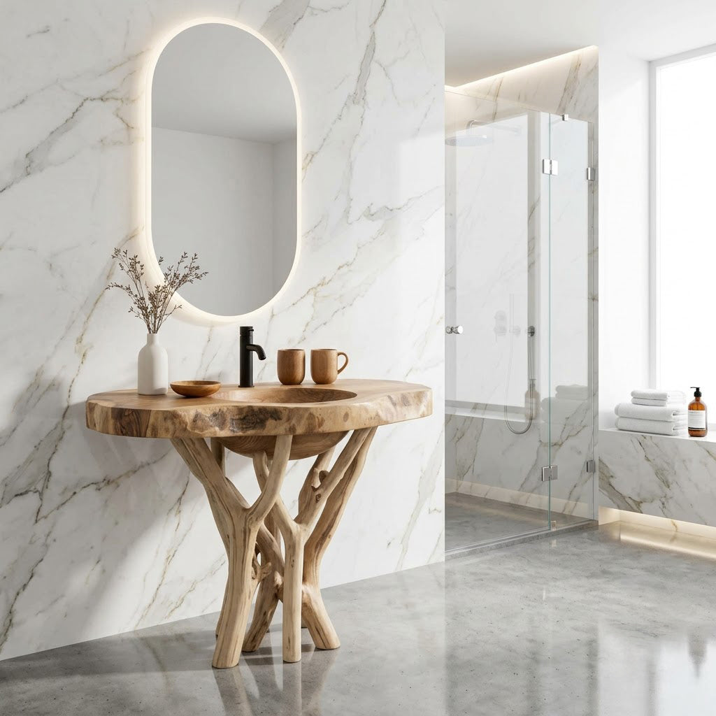 Organic solid wood live edge washstand styled in a modern bathroom interior
