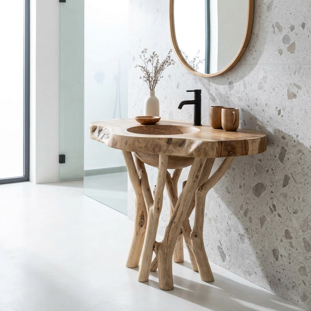 Sculptural solid wood branch vanity displayed in a minimalist bathroom