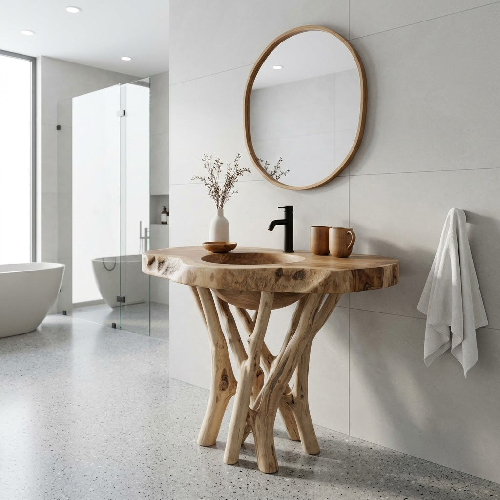 Live edge solid wood washstand enhancing a contemporary bathroom space