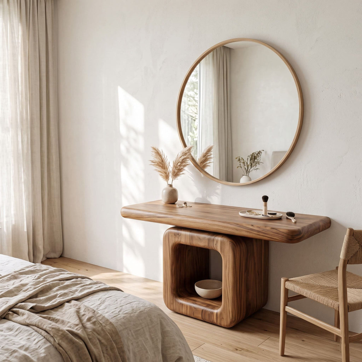 Sculpted hollow pedestal solid wood vanity table in a contemporary bedroom