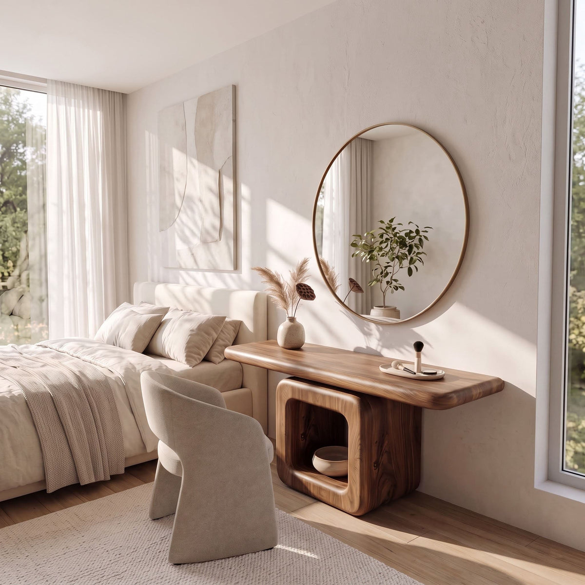 Organic solid wood vanity with hollow pedestal displayed in a minimalist bedroom
