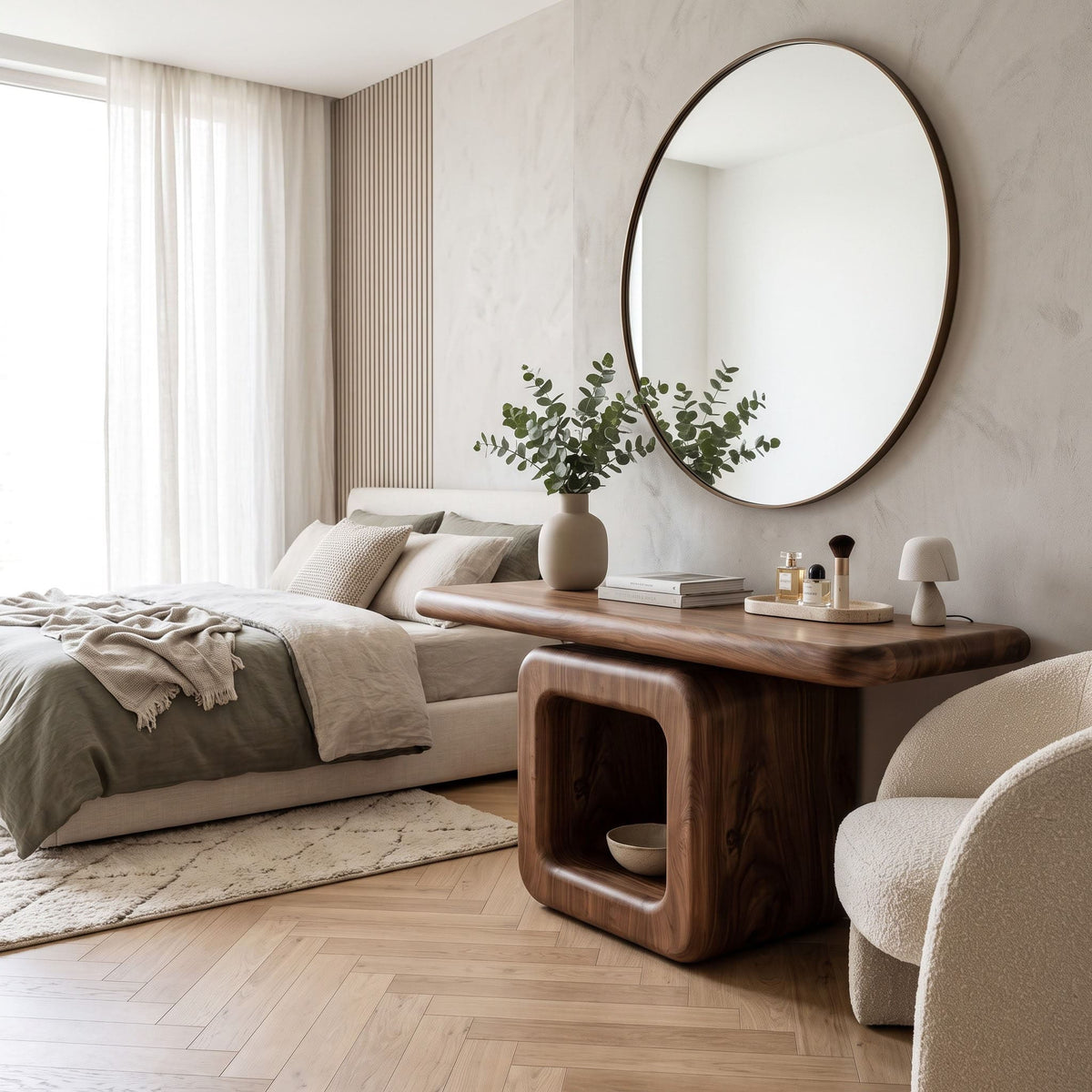 Sculpted cantilever vanity with hollow pedestal featured in a sophisticated bedroom interior