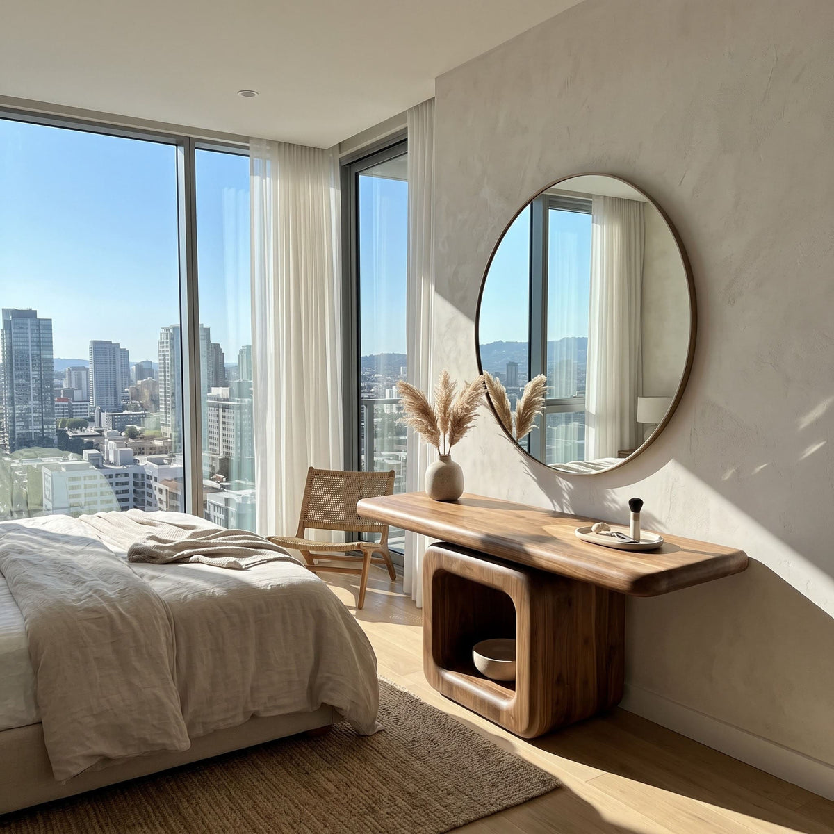 Organic solid wood vanity with hollow pedestal displayed in a minimalist bedroom