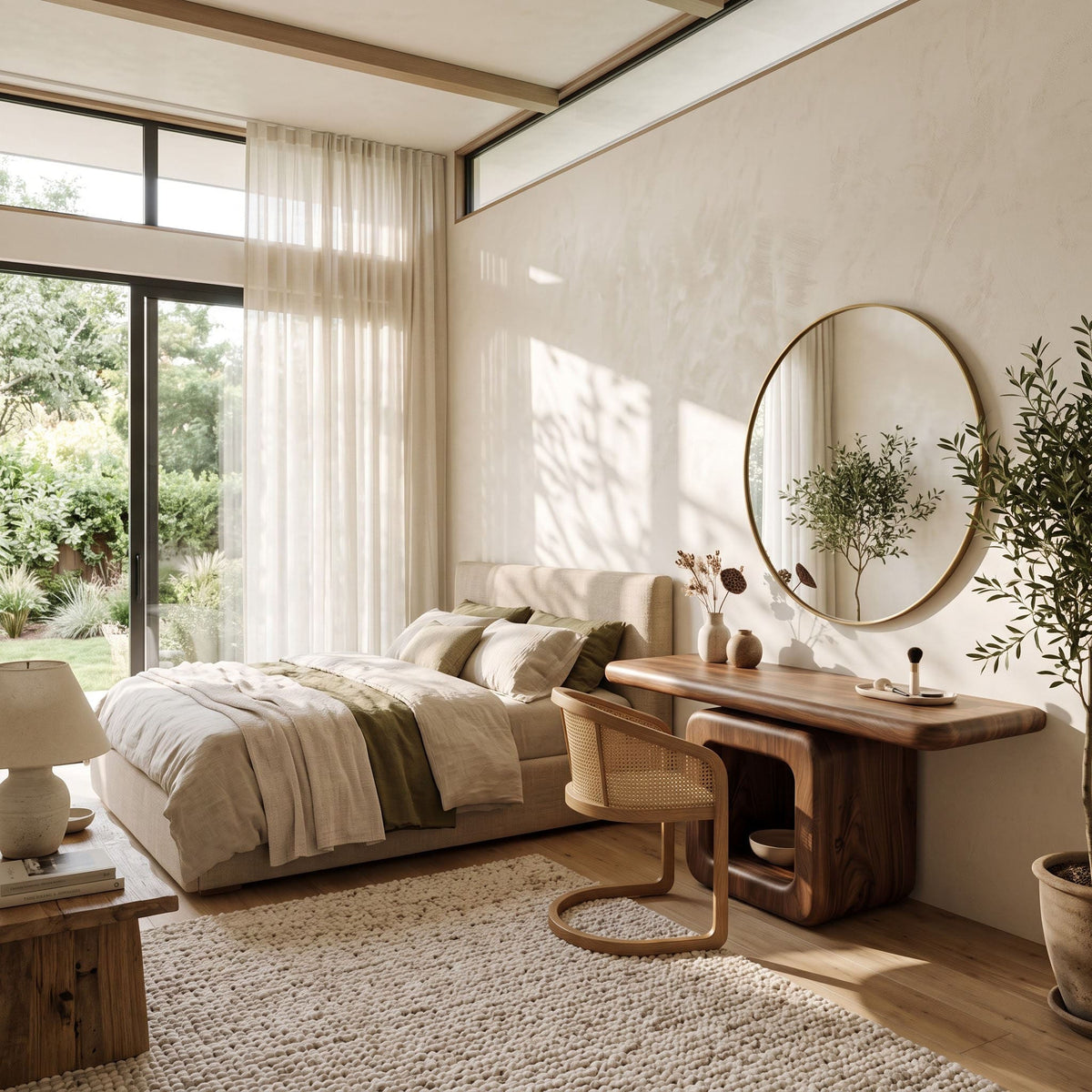 Natural solid wood vanity table styled in an elegant modern bedroom space