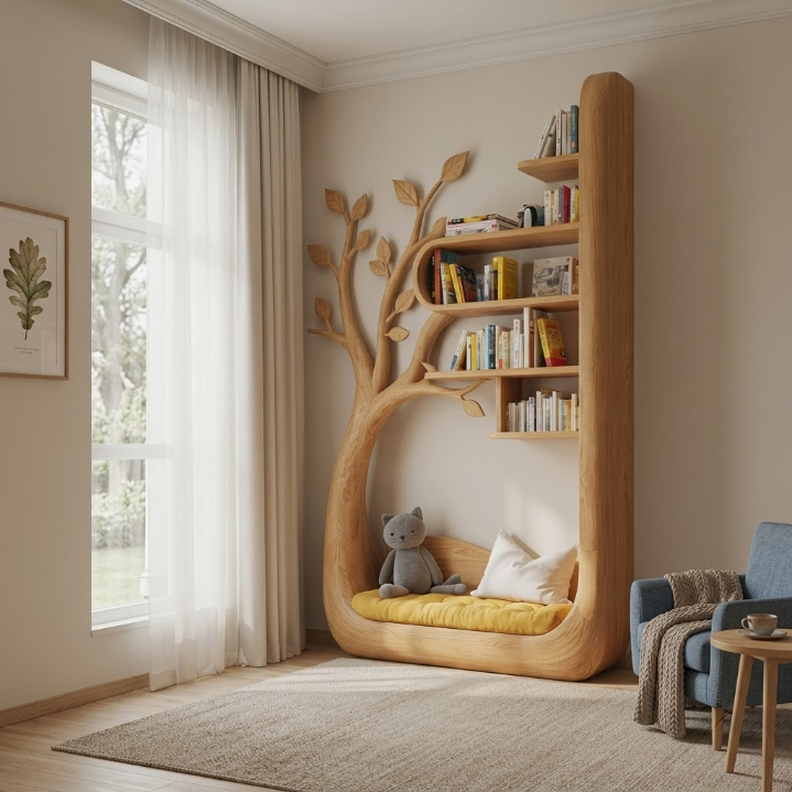 Sculpted tree bookshelf with built-in reading nook in solid wood