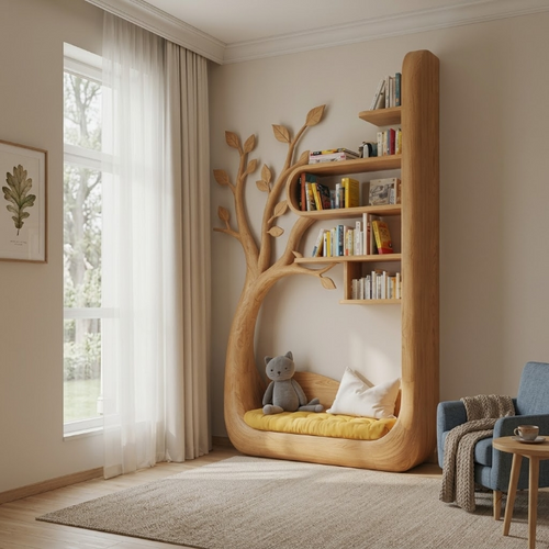 Sculpted Solid Wood Tree Bookshelf with Built-in Reading Nook for Kids