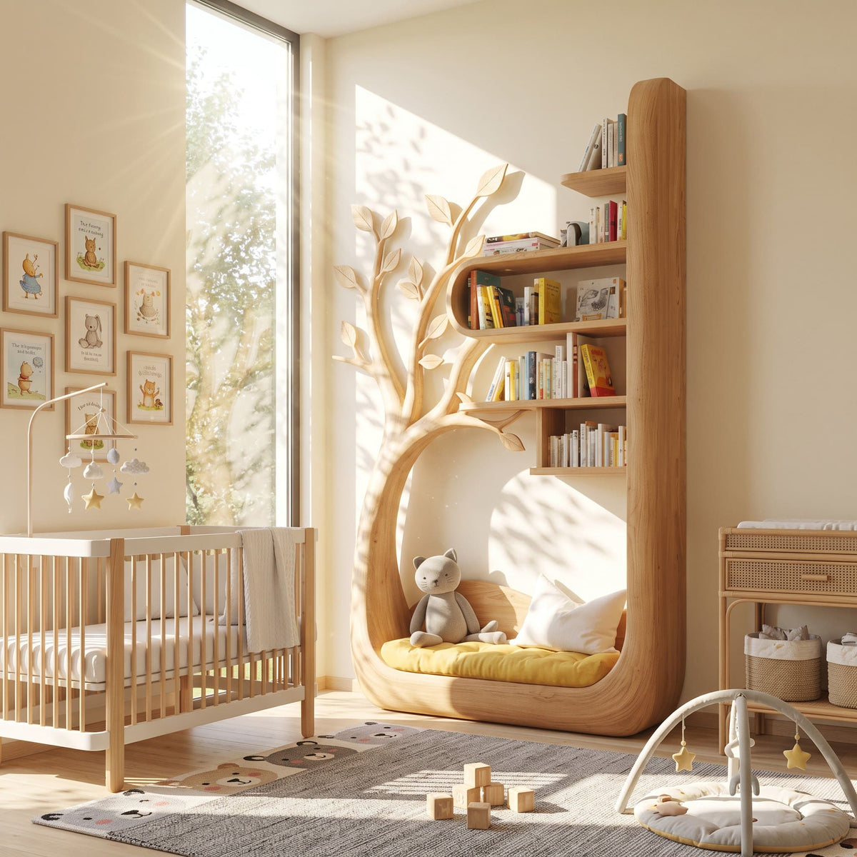Whimsical solid wood tree bookshelf with integrated reading circle styled in a cozy kids playroom