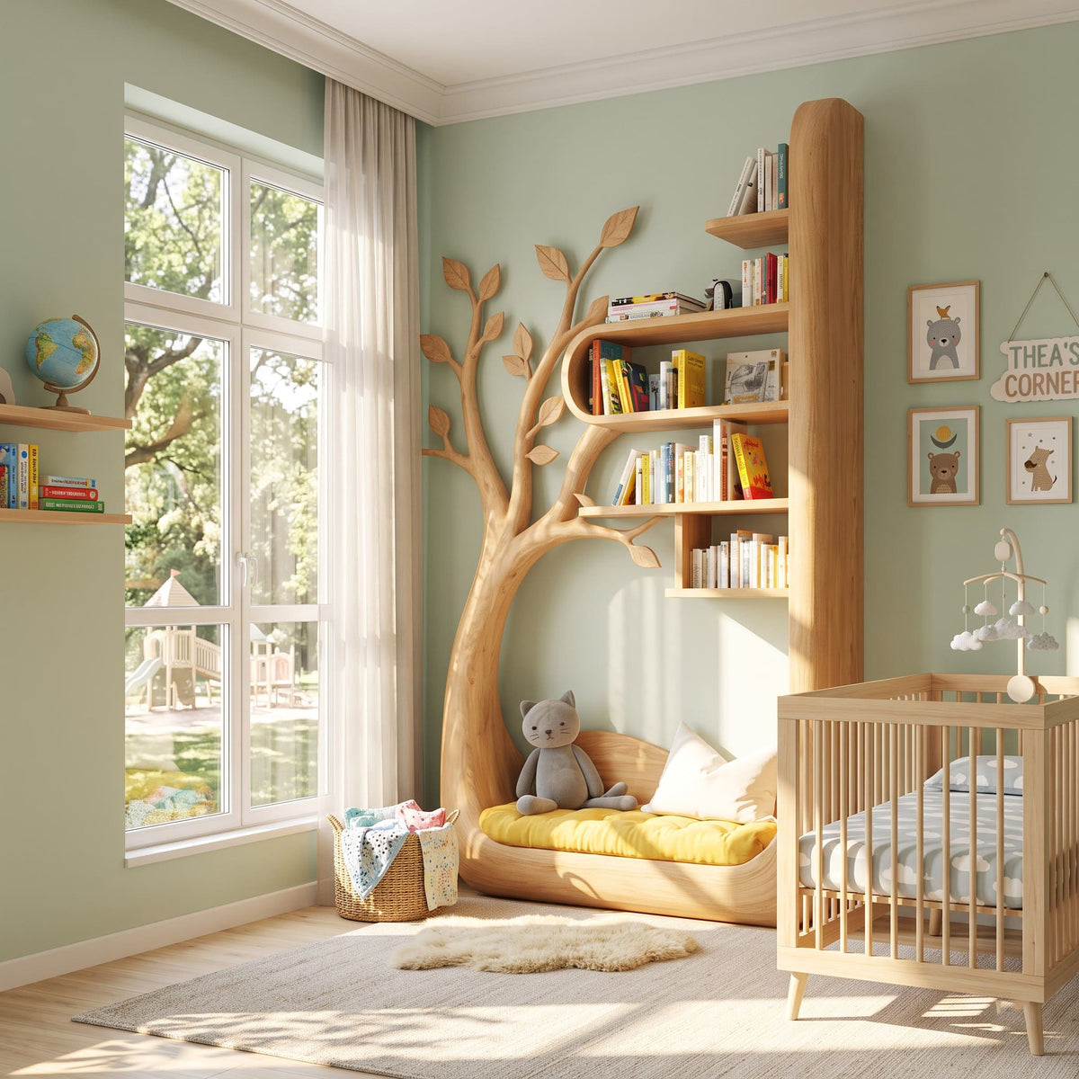 Contemporary solid wood tree wall unit with cushioned seating pod placed in a modern children bedroom