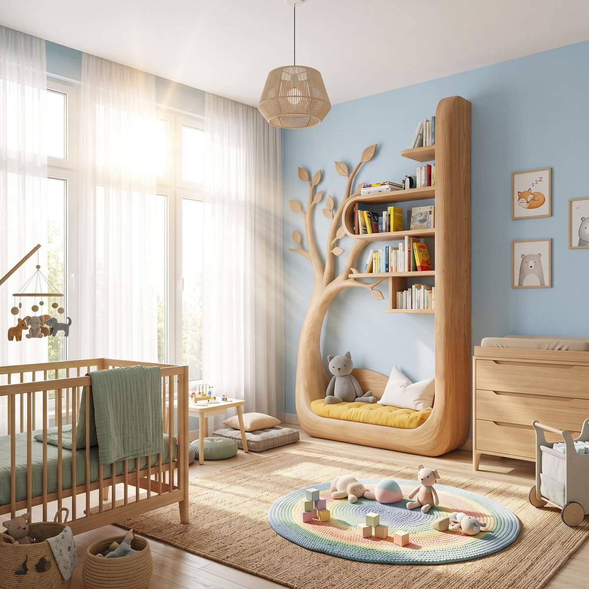 Artisanal solid timber tree bookshelf and built-in reading bench elevating an aesthetic Waldorf-inspired playroom