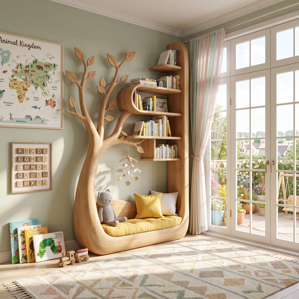 Sculptural natural wood branching tree bookcase with reading nook for a charming nursery reading corner