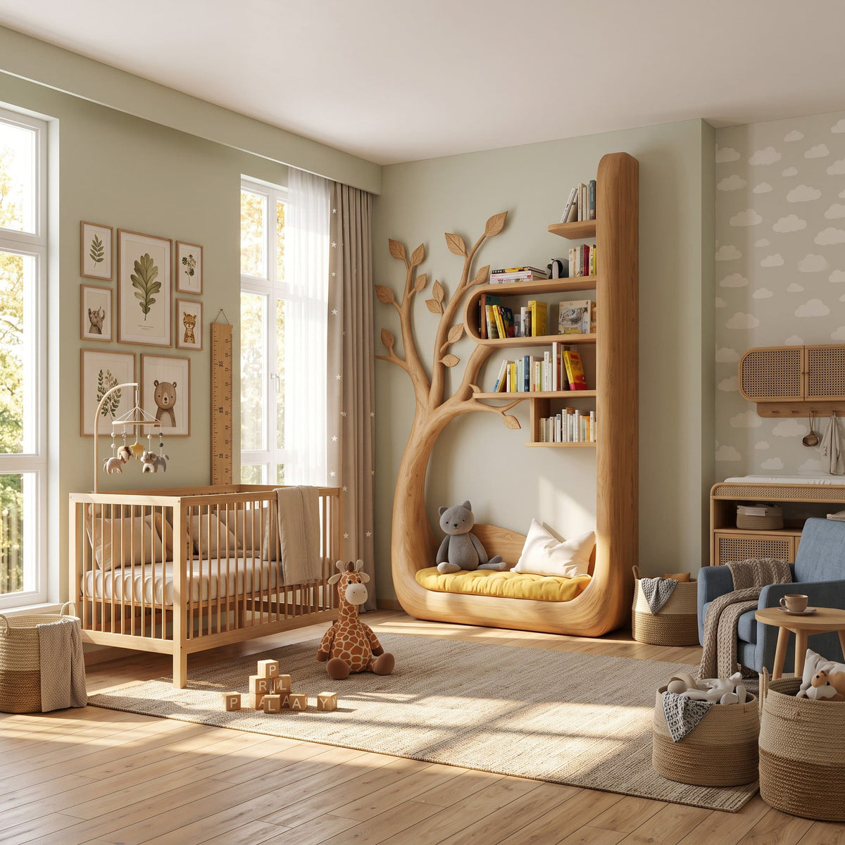 Contemporary solid wood tree wall unit with cushioned seating pod placed in a modern children bedroom