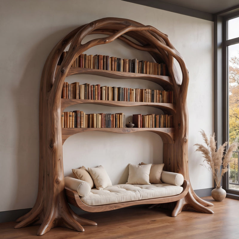 Sculpted tree arch bookshelf with integrated curved reading daybed base in solid timber