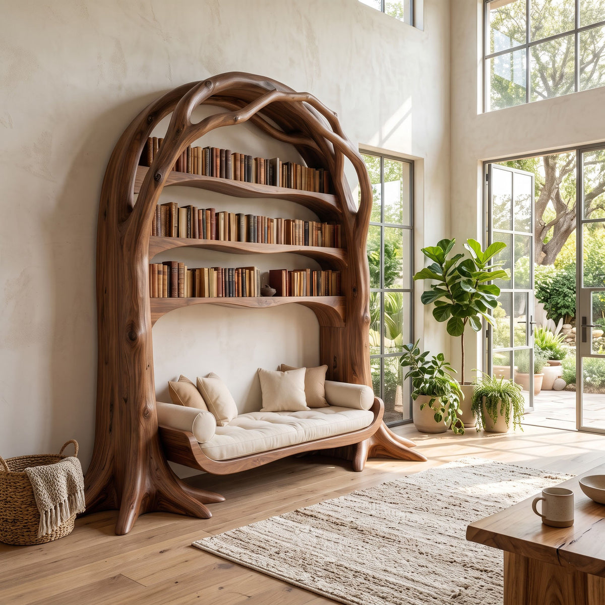 Solid timber bookcase with an integrated lounge base in a cozy reading nook