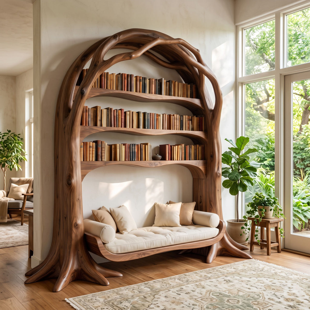 Sculptural timber bookcase and curved seating base styled in a peaceful library corner