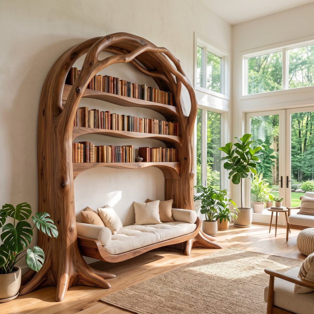 Sculpted tree arch bookshelf and curved reading daybed in a modern living room